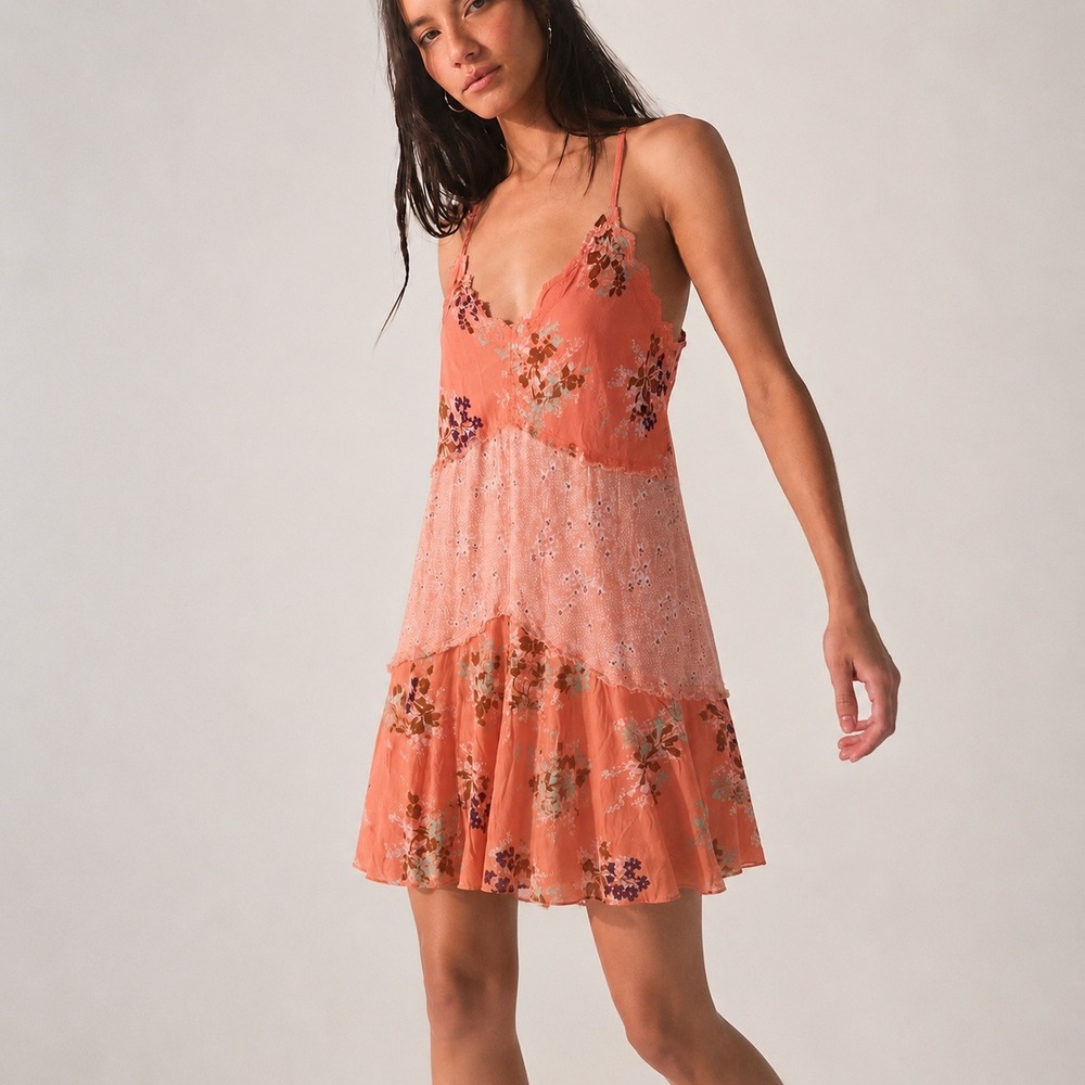 Free People Intimately Boho Floral Patchwork Slip Dress Womens S Peach T Strap